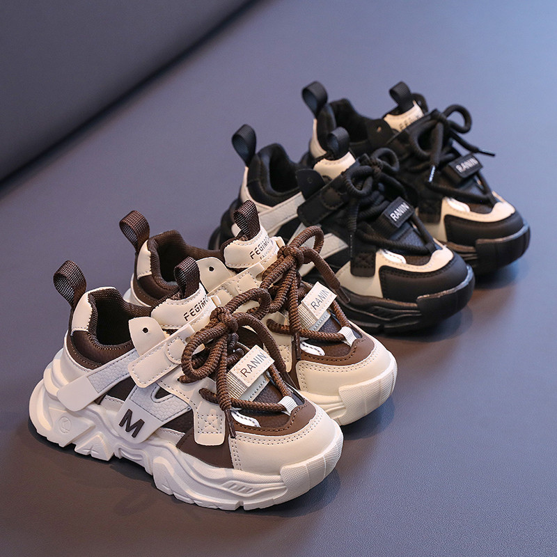 รองเท้าผ้าใบหนังสไตล์ฤดูใบไม้ร่วงสำหรับเด็กชายและเด็กหญิง