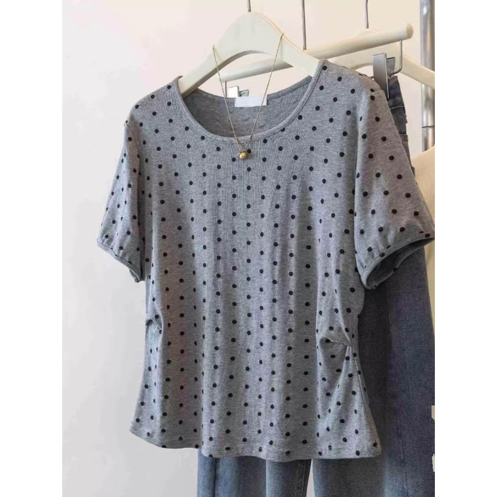เสื้อยืดแขนสั้นลายจุดบวกไหล่ สำหรับผู้หญิงไซส์ใหญ่ ทำจากผ้าฝ้ายแท้