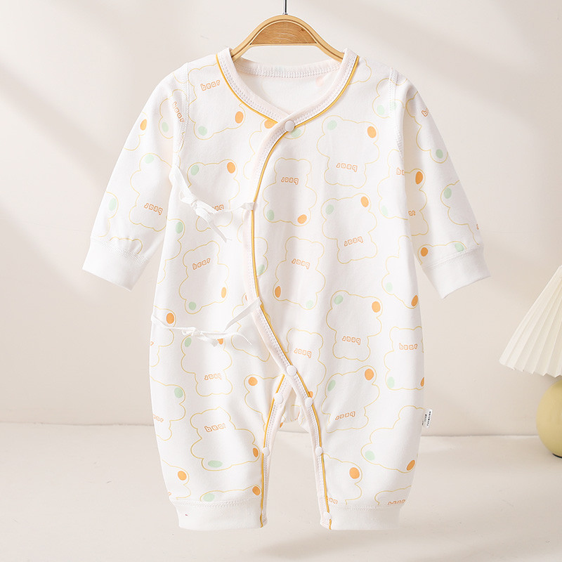 ชุดจั๊มสูททารกแรกเกิดแขนยาวจากผ้าฝ้ายแท้ ออกแบบเป็นพิเศษสำหรับทุกฤดูกาล แบบเปิดหน้าตัวแทนด้วยเชือกผูก เหมาะสำหรับเด็กเล็กและทารก