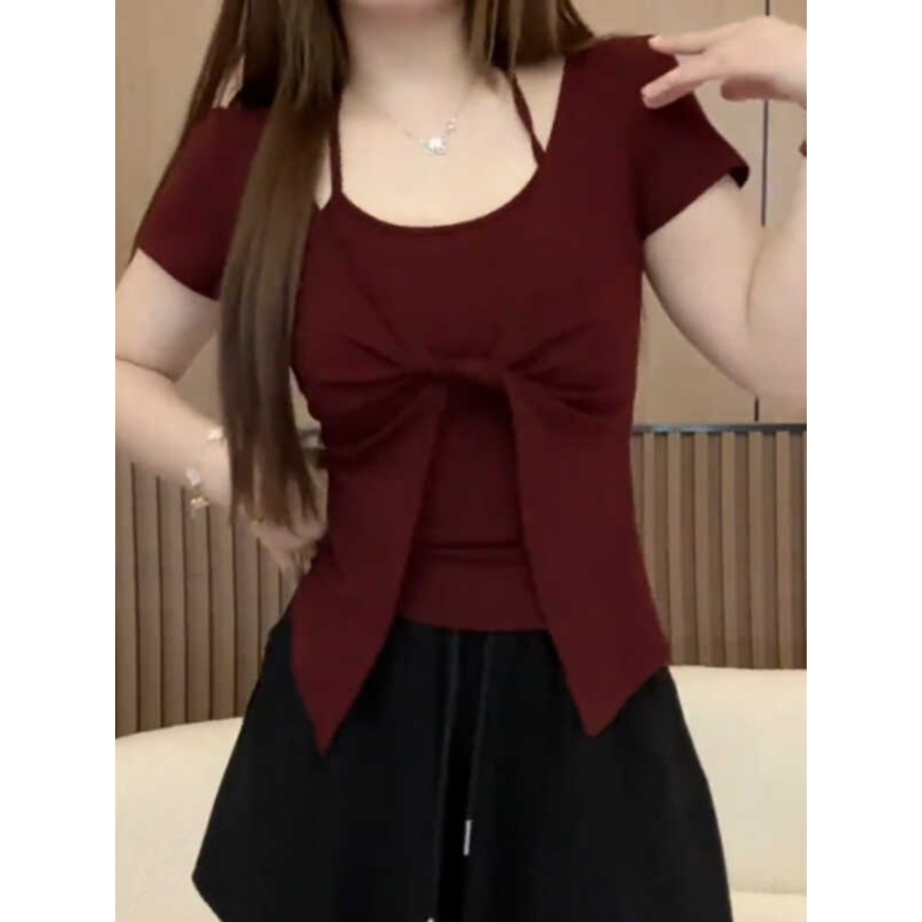 เสื้อยืดแขนสั้นสไตล์ฮัลเตอร์ สำหรับผู้หญิง ทำจากผ้าฝ้ายแท้ ออกแบบมาเพื่อให้สวมใส่กระชับและอำพรางเอวได้อย่างสวยงาม