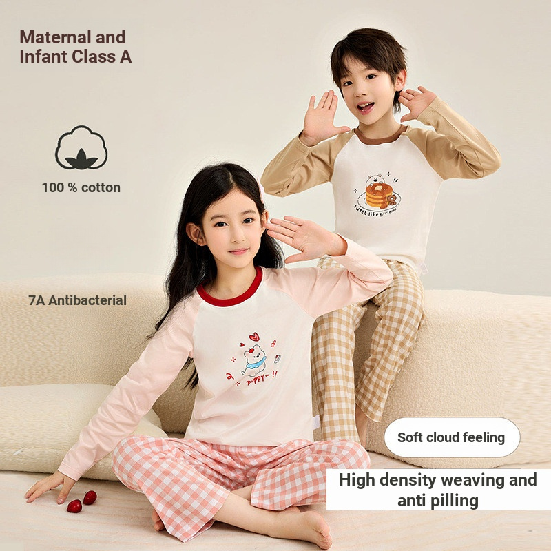 เสื้อผ้าเด็กในบ้าน ระดับ ก ผ้าฝ้ายแท้ 2025 เด็กชายสไตล์ใหม่การ์ตูนชุดนอนฤดูใบไม้ร่วงฤดูหนาวสาวชุดชั้นในแขนยาวชุด