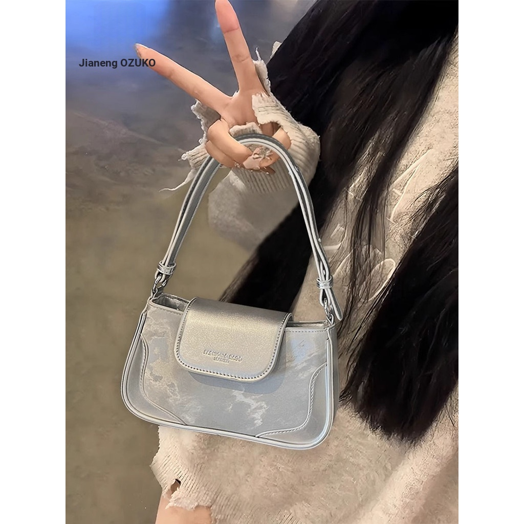 Jianneng Silver Underarm Crescent Bag Women 2025 สไตล์ใหม่กระเป๋าสะพายไหล่เดียว Niche High-End Feeling กระเป๋าใบเล็กแบบพกพา