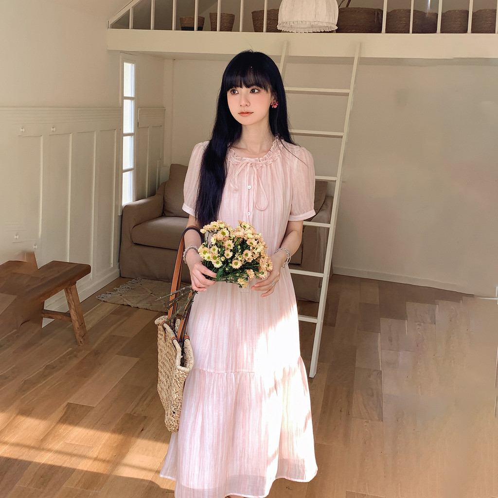 Town33 เดรสชีฟองทิซเซลล์ สีชมพูอ่อน แขนสั้น กระโปรงยาว Z5M205