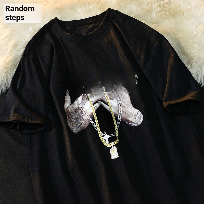 เสื้อยืดแขนสั้นผู้ชาย American Hip-Hop Rock Street Wear ins Pure Cotton Bottoming เสื้อหลวม All-Match สไตล์ฮ่องกง T