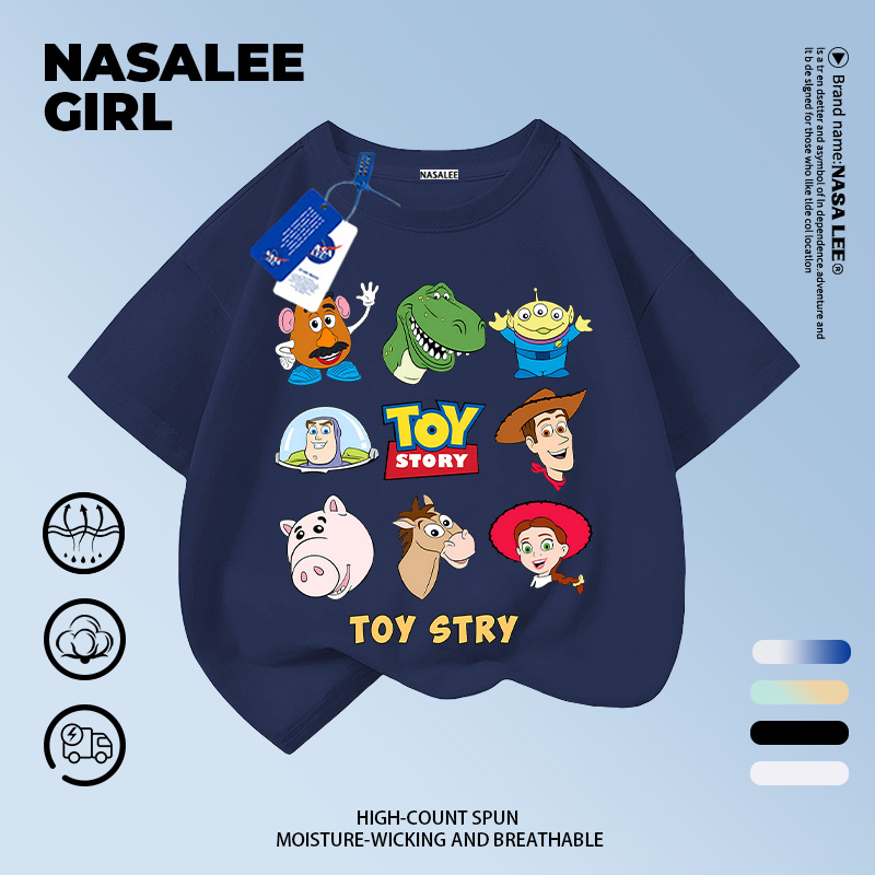 [กรุงเทพฯ จัดส่ง] เด็กผ้าฝ้ายสีกรมท่าเสื้อยืดการ์ตูนออกแบบทอยสตอรี่สนุกพิมพ์ฤดูร้อนระบายอากาศเสื้อผ้าแขนสั้นเหมาะสําหรับ3-16ชายหญิง