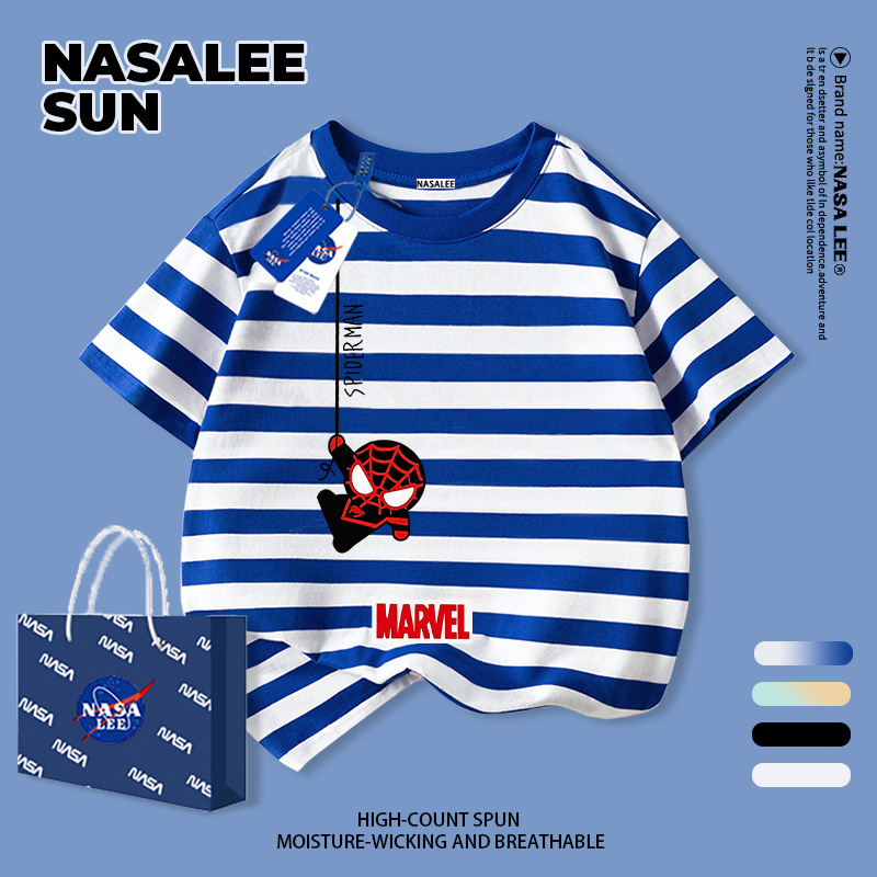 [กรุงเทพฯ จัดส่ง] เด็กผ้าฝ้ายสีฟ้าสีขาวลายเสื้อยืดการ์ตูนการออกแบบความรู้สึกเดอร์แมนสนุกพิมพ์ฤดูร้อนเสื้อผ้าระบายอากาศแขนสั้นเหมาะสําหรับ3-16ชายหญิง