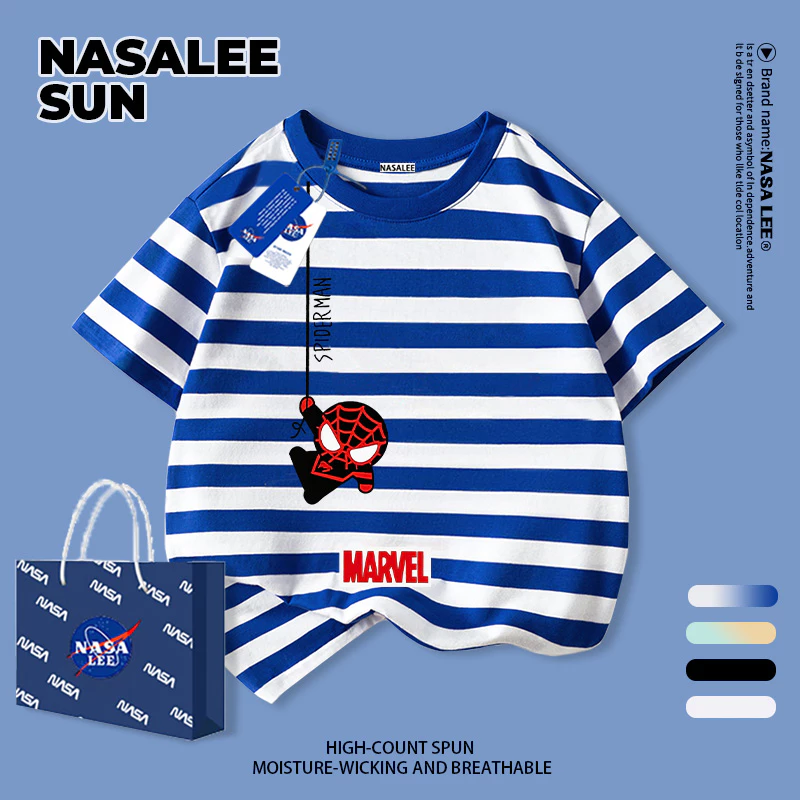 [กรุงเทพฯ จัดส่ง] เด็กผ้าฝ้ายสีฟ้าสีขาวลายเสื้อยืดการ์ตูนการออกแบบความรู้สึกเดอร์แมนสนุกพิมพ์ฤดูร้อนเสื้อผ้าระบายอากาศแขนสั้นเหมาะสําหรับ3-16ชายหญิง
