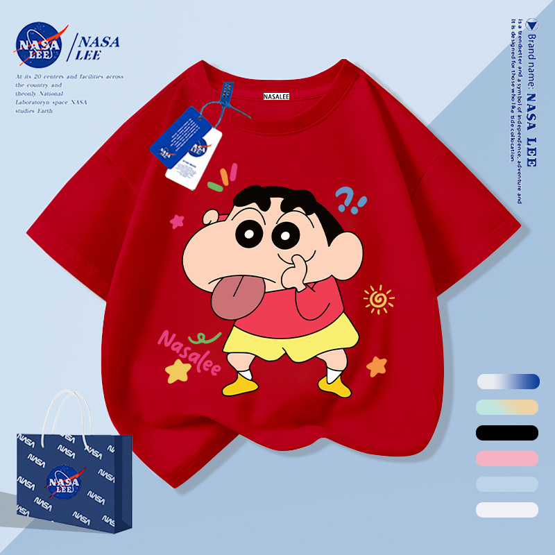 [จัดส่งภายในกทม. วันเดียว] เด็กสีแดงผ้าฝ้ายบริสุทธิ์ระบายอากาศเสื้อยืดบรรยากาศเครยอนชินจังการ์ตูนเด็กชอบรูปแบบน่ารัก3-16ปีหลวมสบายๆสั้น@