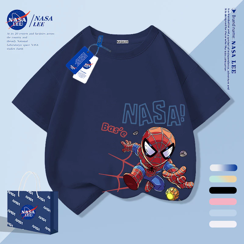 [กรุงเทพฯ จัดส่งภายในวันเดียว] เสื้อผ้าเด็ก สีน้ําเงินเข้มแขนสั้นเด็กเสื้อยืดครึ่งแขนผ้าฝ้าย ถาม-รุ่น มนุษย์แมงมุม พิมพ์เสื้อผ้าฤดูร้อนลําลองสําหรับเด็กชายเ