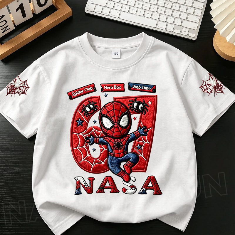 【ส่งวันนี้】เสื้อยืดเด็ก NASA สีขาว ลายสไปเดอร์แมนชิบิ้นัมเบอร์ 67 3-16 ปี เด็กผู้ชาย สไตล์เท่