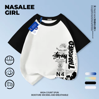 【ส่งจากกรุงเทพ】เสื้อยืดเด็กคอกลม แขนสั้น ผ้าฝ้าย สไตล์อเมริกัน 3-16 ปี ใส่ได้ทั้งเด็กชายและเด็กหญิง ใส่ไปโรงเรียน สบายๆ