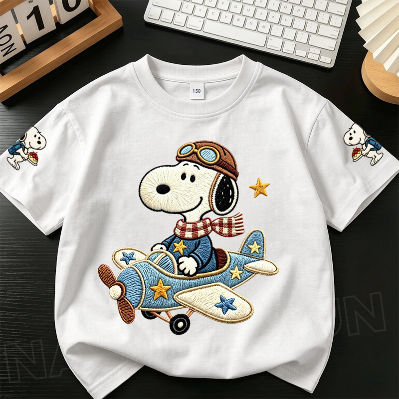 [การจัดส่งกรุงเทพ] NASA Co-Branded ชายหญิงผ้าฝ้ายสีขาวแขนสั้น Snoopy Flight Printing 3-16 ปีเด็ก All-Match Casual เสื้อยืด Top