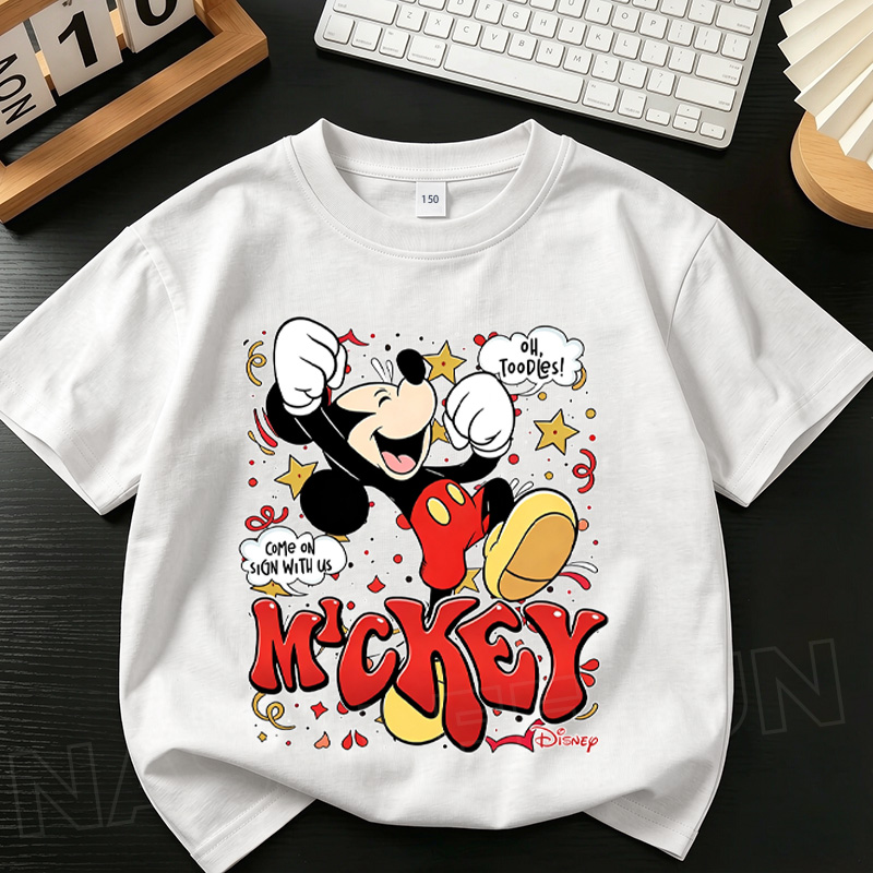 【สไตล์คลาสสิก】เสื้อยืดเด็กคอกลมฤดูร้อน 2026 ลายมิกกี้แฮปปี้ 3-16 ปี ใส่ได้ทั้งเด็กชายและเด็กหญิง มีหลายสี