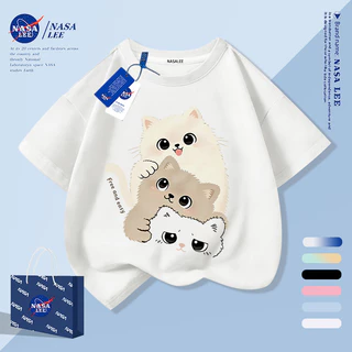 [กรุงเทพฯ จัดส่งภายในวันเดียว] สัตว์เลี้ยงน่ารักลูกแมวเด็กครึ่งแขนเสื้อยืดชายหญิงทารกระบายอากาศผ้าฝ้ายสีกรมท่าสบายๆทั้งหมด-แม่