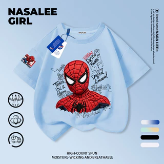 [การจัดส่งกรุงเทพ] NASA Co-Branded ชายหญิงผ้าฝ้ายสีขาวแขนสั้น Spiderman พิมพ์ 3-16 ปีเด็ก All-Match Casual เสื้อยืด Top