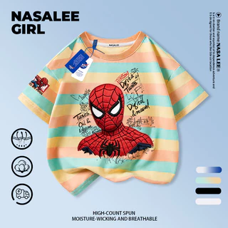 [การจัดส่งกรุงเทพ] NASA Co-Branded ชายหญิงผ้าฝ้ายสีขาวแขนสั้น Spiderman พิมพ์ 3-16 ปีเด็ก All-Match Casual เสื้อยืด Top