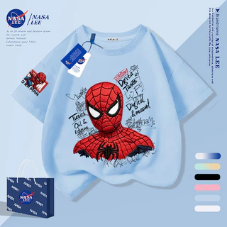 [กรุงเทพฯ จัดส่งภายในวันเดียว] สีดํา มนุษย์แมงมุม การ์ตูนเด็กเสื้อยืดครึ่งแขนแขนสั้นเสื้อผ้าเด็กผ้าฝ้ายระบายอากาศ