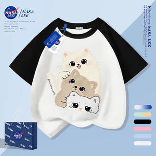 [กรุงเทพฯ จัดส่งภายในวันเดียว] สัตว์เลี้ยงน่ารักลูกแมวเด็กครึ่งแขนเสื้อยืดชายหญิงทารกระบายอากาศผ้าฝ้ายสีกรมท่าสบายๆทั้งหมด-แม่