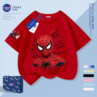 [กรุงเทพฯ จัดส่งภายในวันเดียว] สีดํา มนุษย์แมงมุม การ์ตูนเด็กเสื้อยืดครึ่งแขนแขนสั้นเสื้อผ้าเด็กผ้าฝ้ายระบายอากาศ