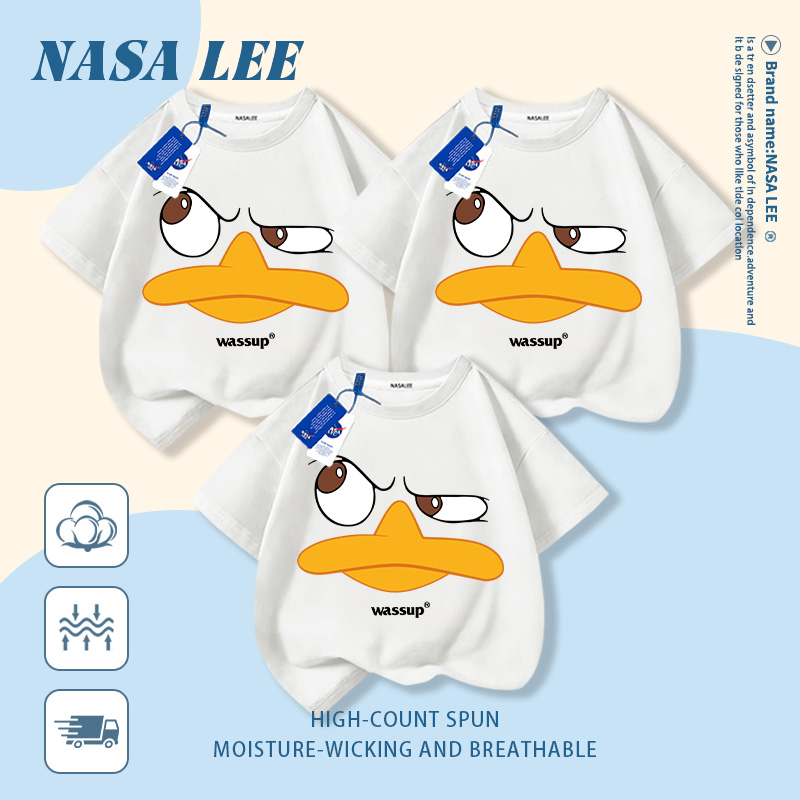 [กรุงเทพฯ จัดส่งภายในวันเดียว] นาซ่า เสื้อยืดผ้าฝ้ายสีดําพ่อแม่และลูกสวมใส่สนุกเป็ดใบหน้าพิมพ์ครอบครัวสามหลวมสบายๆแขนสั