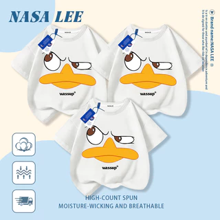[กรุงเทพฯ จัดส่งภายในวันเดียว] นาซ่า เสื้อยืดผ้าฝ้ายสีดําพ่อแม่และลูกสวมใส่สนุกเป็ดใบหน้าพิมพ์ครอบครัวสามหลวมสบายๆแขนสั