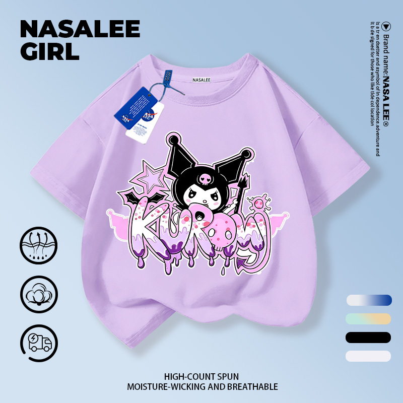 [จัดส่งในพื้นที่] NASA Children สีม่วงอ่อนแขนสั้น Kuromi Sweet Cool Graffiti พิมพ์ 3-16 ปี Girls Street Wear All-Match Cotton Top