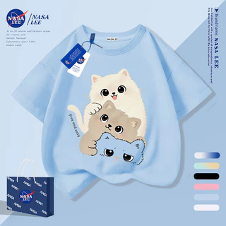 [กรุงเทพฯ จัดส่งภายในวันเดียว] สัตว์เลี้ยงน่ารักลูกแมวเด็กครึ่งแขนเสื้อยืดชายหญิงทารกระบายอากาศผ้าฝ้ายสีกรมท่าสบายๆทั้งหมด-แม่