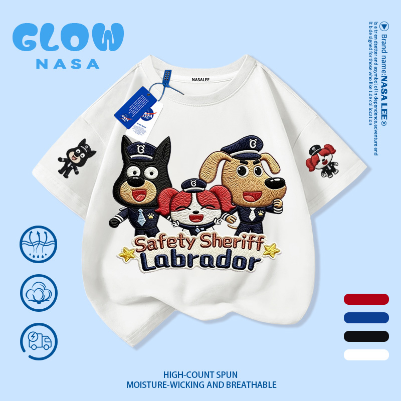 [การจัดส่งกรุงเทพ] NASA Co-Branded ชายหญิงผ้าฝ้ายสีขาวแขนสั้นการ์ตูนตํารวจสุนัขทีมพิมพ์ 3-16 ปีเด็ก All-Match Casual เสื้อยืด Top