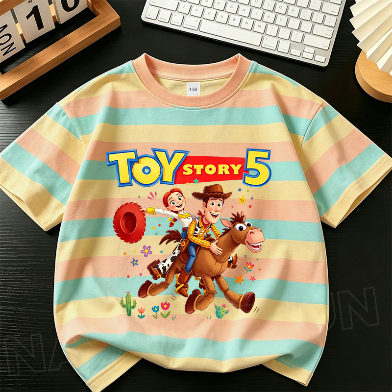 [จัดส่งกรุงเทพ] NASA Children Yellow Blue Stripes Short Sleeve Toy Story 5 Western Adventure Style Boys Girls All-Match T-Shirt