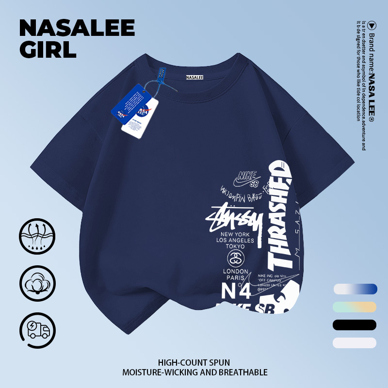 【ส่งจากกรุงเทพ】เสื้อยืดเด็กคอกลม แขนสั้น ผ้าฝ้าย สไตล์อเมริกัน 3-16 ปี ใส่ได้ทั้งเด็กชายและเด็กหญิง ใส่ไปโรงเรียน สบายๆ