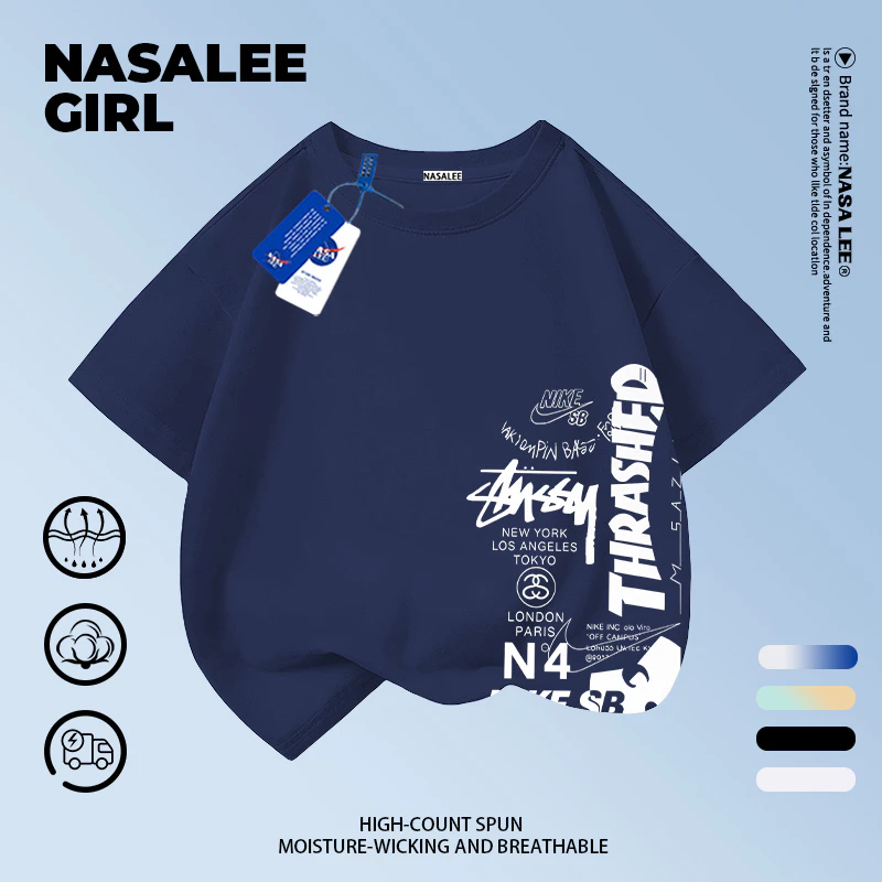 【ส่งจากกรุงเทพ】เสื้อยืดเด็กคอกลม แขนสั้น ผ้าฝ้าย สไตล์อเมริกัน 3-16 ปี ใส่ได้ทั้งเด็กชายและเด็กหญิง ใส่ไปโรงเรียน สบายๆ