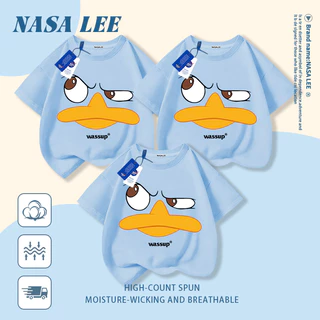 [กรุงเทพฯ จัดส่งภายในวันเดียว] นาซ่า เสื้อยืดผ้าฝ้ายสีดําพ่อแม่และลูกสวมใส่สนุกเป็ดใบหน้าพิมพ์ครอบครัวสามหลวมสบายๆแขนสั