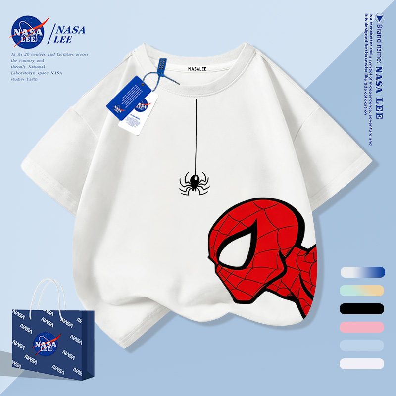 [กรุงเทพฯ จัดส่งภายในวันเดียว] เสื้อผ้าเด็กแขนสั้นสีขาวเรียบง่าย มนุษย์แมงมุม สัญลักษณ์ พิมพ์ผ้าฝ้ายครึ่งแขนเสื้อยืดเด็กชายมือ