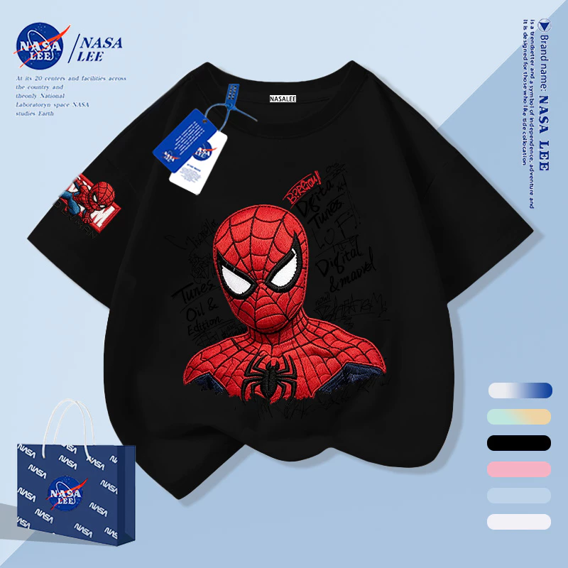 [กรุงเทพฯ จัดส่งภายในวันเดียว] สีดํา มนุษย์แมงมุม การ์ตูนเด็กเสื้อยืดครึ่งแขนแขนสั้นเสื้อผ้าเด็กผ้าฝ้ายระบายอากาศ