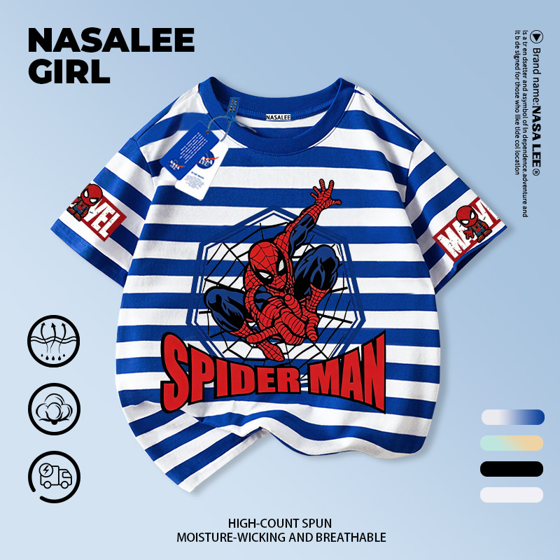 【สไตล์คลาสสิก】เสื้อยืดเด็ก NASA สีขาวน้ำเงิน ลายสไปเดอร์แมนกระโดด 3-16 ปี เด็กผู้ชาย สไตล์เท่