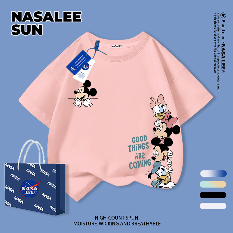 [จัดส่งกรุงเทพ] NASA Girls Pink Casual Short-Sleeved Mickey Family Probe Peeking Pattern Medium Big Kids Girls Sweet Breathable T-Shirt