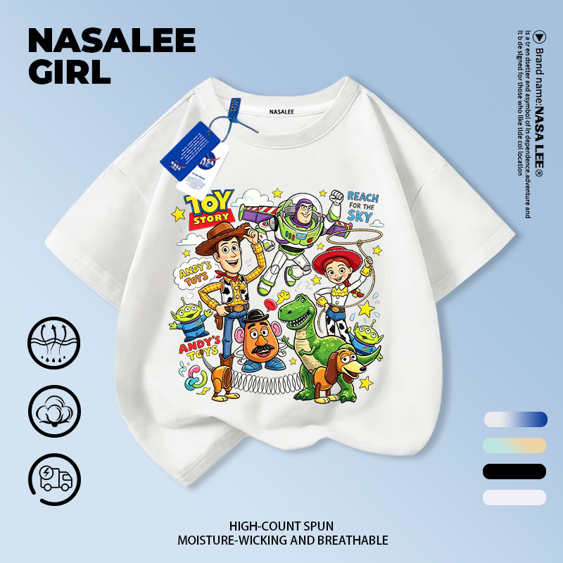 [จัดส่งในพื้นที่] NASA Children White Short-Sleeved Toy Story Character Collection พิมพ์ 3-16 ปี Boys Girls All-Match Tops