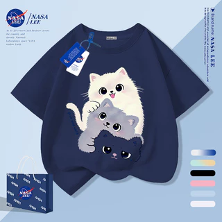 [กรุงเทพฯ จัดส่งภายในวันเดียว] สัตว์เลี้ยงน่ารักลูกแมวเด็กครึ่งแขนเสื้อยืดชายหญิงทารกระบายอากาศผ้าฝ้ายสีกรมท่าสบายๆทั้งหมด-แม่