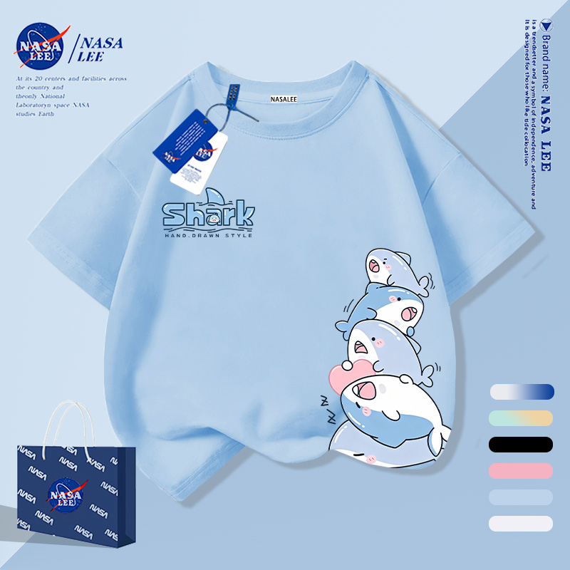[กรุงเทพฯ จัดส่งภายในวันเดียว] ซ้อนน่ารักตลกฉลามน้อยลายเด็กเสื้อยืดครึ่งแขนชายหญิงทารกผ้าฝ้ายระบายอากาศสีฟ้าอ่อนทั้งหมด