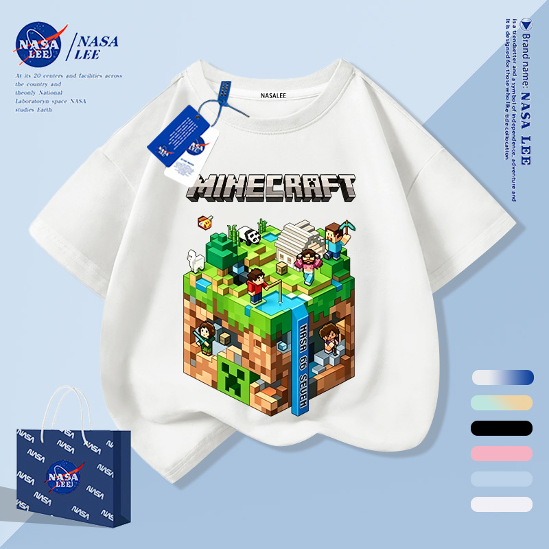 [กรุงเทพฯ จัดส่งภายในวันเดียว] สีขาวเด็กเสื้อยืดครึ่งแขนผ้าฝ้าย มายคราฟ เกมพิมพ์แขนสั้นเสื้อผ้าเด็กชายหญิง ลู