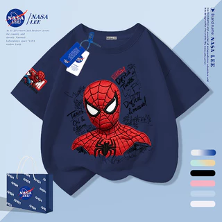 [กรุงเทพฯ จัดส่งภายในวันเดียว] สีดํา มนุษย์แมงมุม การ์ตูนเด็กเสื้อยืดครึ่งแขนแขนสั้นเสื้อผ้าเด็กผ้าฝ้ายระบายอากาศ