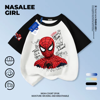 [การจัดส่งกรุงเทพ] NASA Co-Branded ชายหญิงผ้าฝ้ายสีขาวแขนสั้น Spiderman พิมพ์ 3-16 ปีเด็ก All-Match Casual เสื้อยืด Top