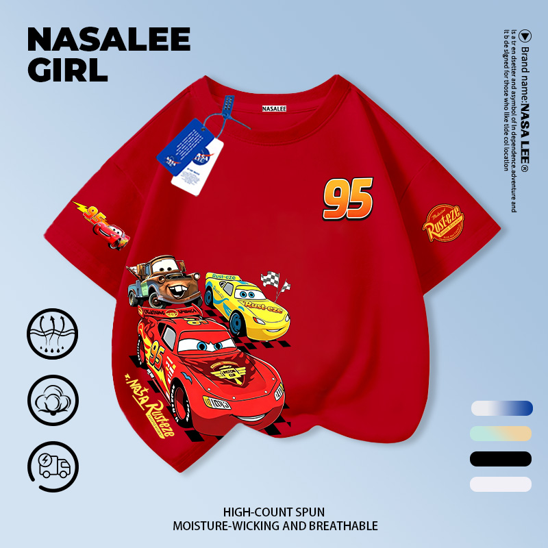 【สไตล์คลาสสิก】เสื้อยืดเด็ก NASA สีแดง ลายไลท์นิง แม็กควีน 3-16 ปี เด็กผู้ชาย สไตล์เท่