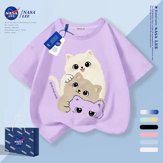 [กรุงเทพฯ จัดส่งภายในวันเดียว] สัตว์เลี้ยงน่ารักลูกแมวเด็กครึ่งแขนเสื้อยืดชายหญิงทารกระบายอากาศผ้าฝ้ายสีกรมท่าสบายๆทั้งหมด-แม่