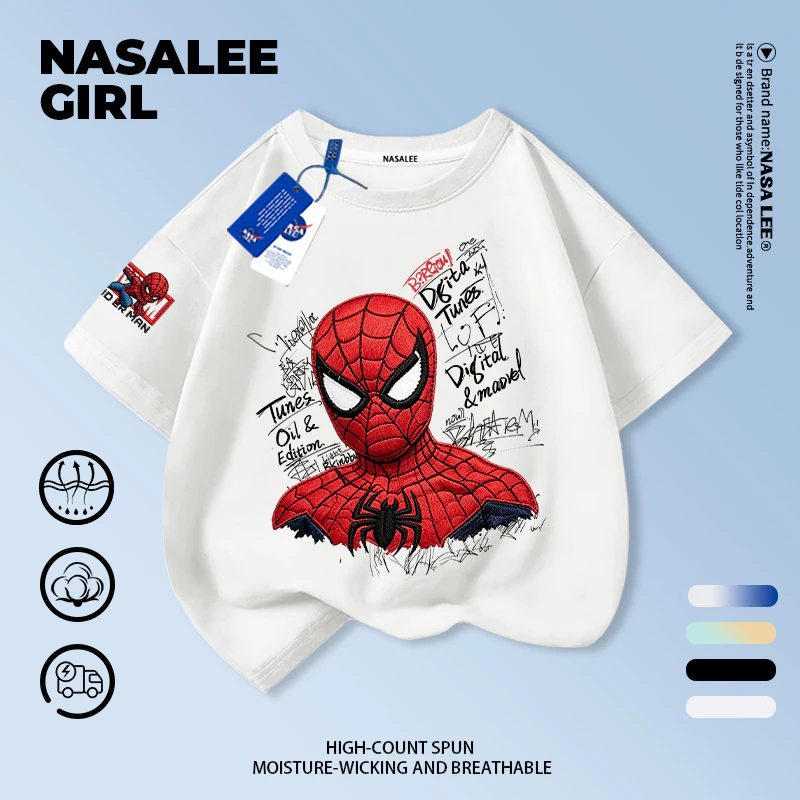 [การจัดส่งกรุงเทพ] NASA Co-Branded ชายหญิงผ้าฝ้ายสีขาวแขนสั้น Spiderman พิมพ์ 3-16 ปีเด็ก All-Match Casual เสื้อยืด Top