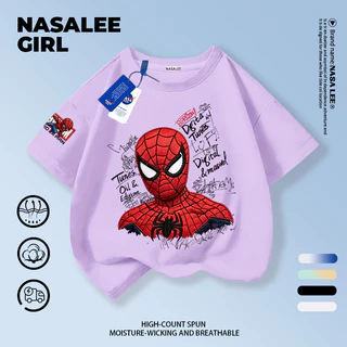 [การจัดส่งกรุงเทพ] NASA Co-Branded ชายหญิงผ้าฝ้ายสีขาวแขนสั้น Spiderman พิมพ์ 3-16 ปีเด็ก All-Match Casual เสื้อยืด Top