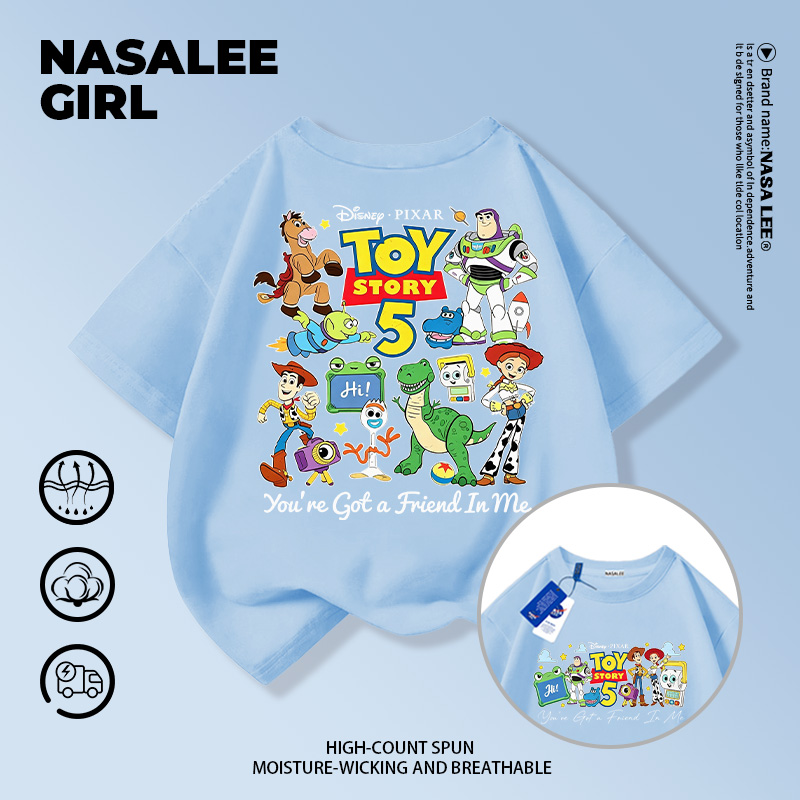 【สไตล์คลาสสิก】เสื้อยืดเด็ก NASA สีฟ้าอ่อน ลายของเล่นรวมพล 3-16 ปี ใส่ได้ทั้งเด็กชายและเด็กหญิง