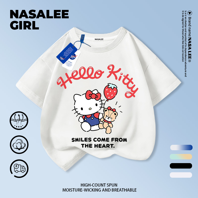 【สไตล์คลาสสิก】เสื้อยืดเด็ก NASA สีขาว ลายคิตตี้ยิ้ม 3-16 ปี ใส่ได้ทั้งเด็กชายและเด็กหญิง