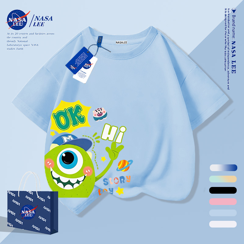 [กรุงเทพฯ จัดส่งภายในวันเดียว] สีฟ้าอ่อนเด็กเสื้อยืดครึ่งแขนผ้าฝ้ายตาข้างเดียวมอนสเตอร์ตกลงมีความสุขคําพิมพ์แขนสั้นเสื้อผ้าเด็กชายหญิง ลู