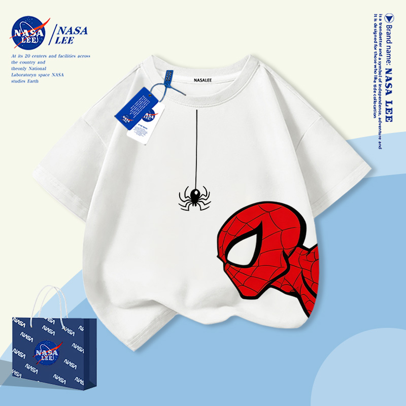 【ส่งวันนี้】เสื้อยืดเด็ก NASA สีขาว ทรงหลวม ระบายอากาศ ลายสไปเดอร์แมนห้อยหัว 3-16 ปี เด็กผู้ชาย ใส่เที่ยว ผ้าฝ้ายนุ่ม